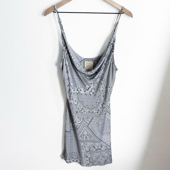 Style Rack Slip Dress Womens Large Gray Bandana Coquette Mini Festival Cowl Neck - Picture 1 of 15